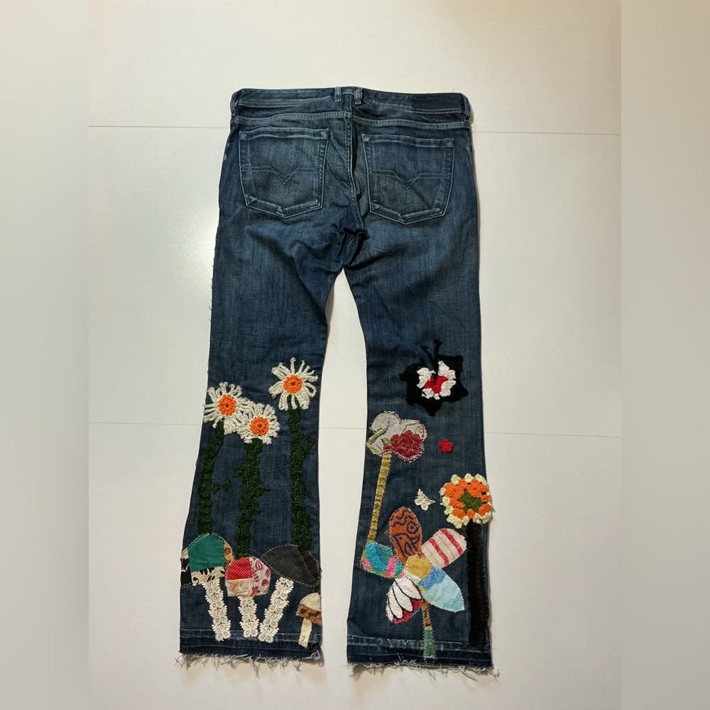 Diesel Zathan Bootcut Mushroom Shrooms Butterfly Floral Patchwork Denim Jeans - Picture 2 of 7